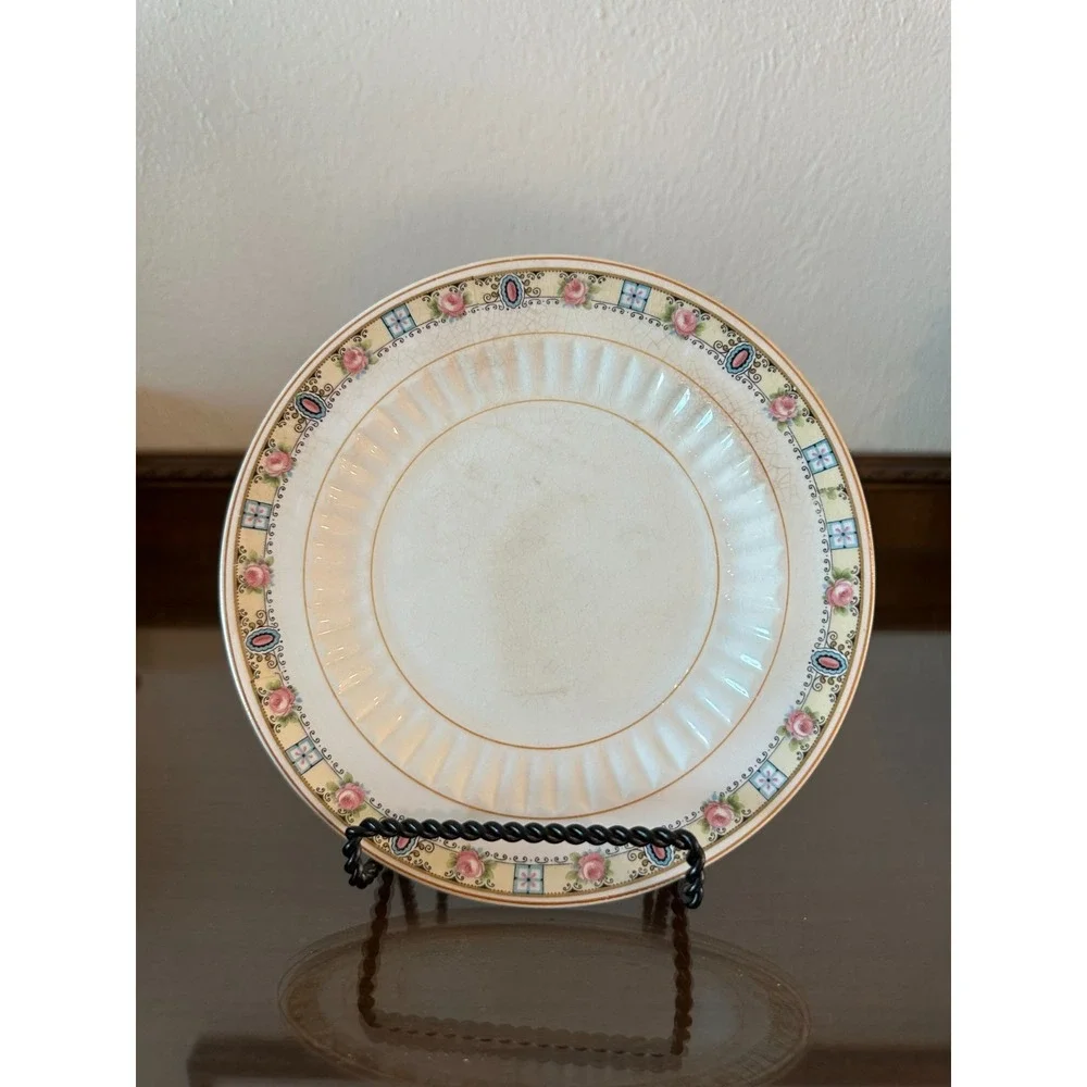Antique‎ Dessert Plate Blue & Pink Roses Scroll Knowles Taylor & Knowles KT&K
